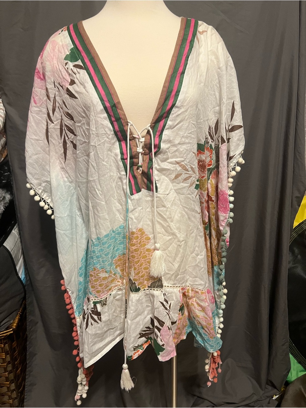 Women's White Floral Pom-Pom Swim Coverup with Tassel Tie